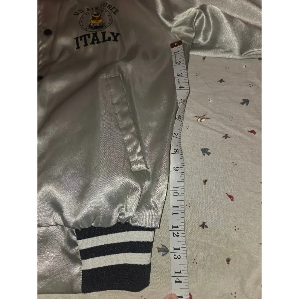 Vintage Artex US Air Force Italy Satin Bomber Jacket Silver Mens Small USA Made